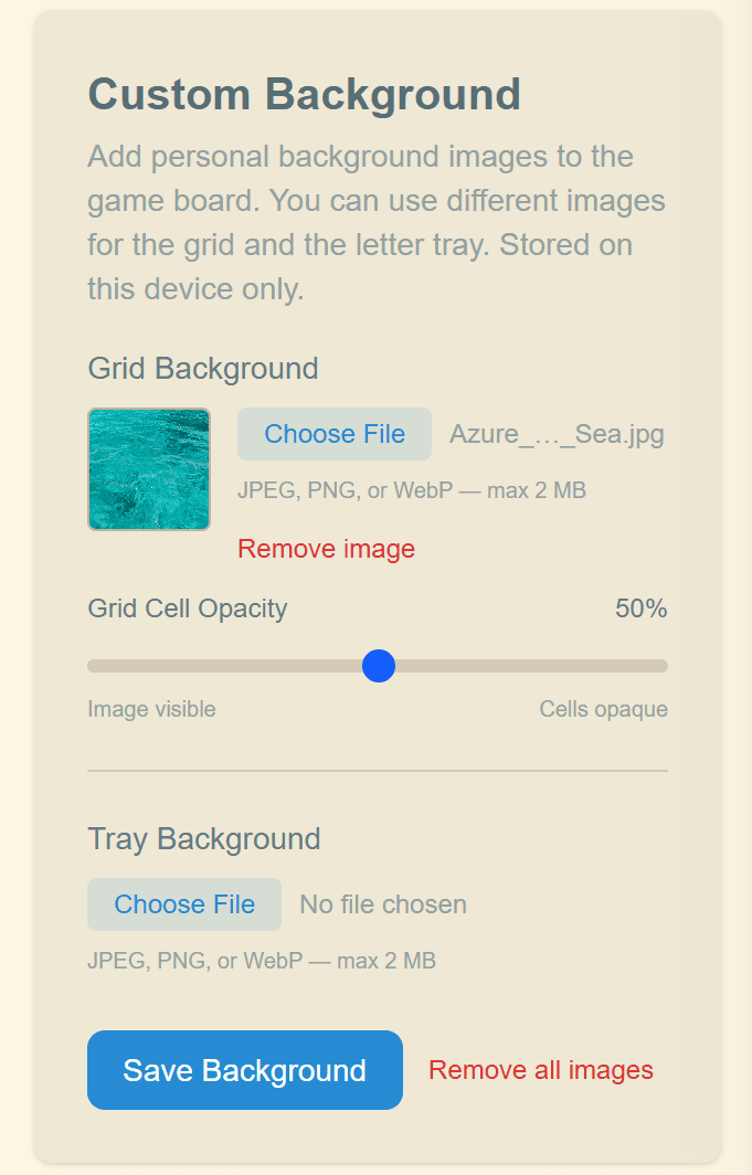 Custom background upload with opacity slider