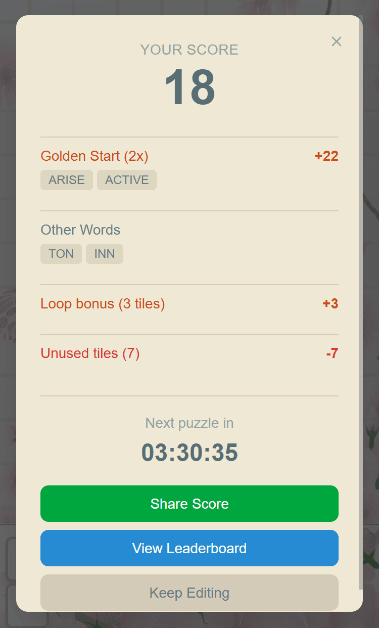 Score breakdown screen after submission