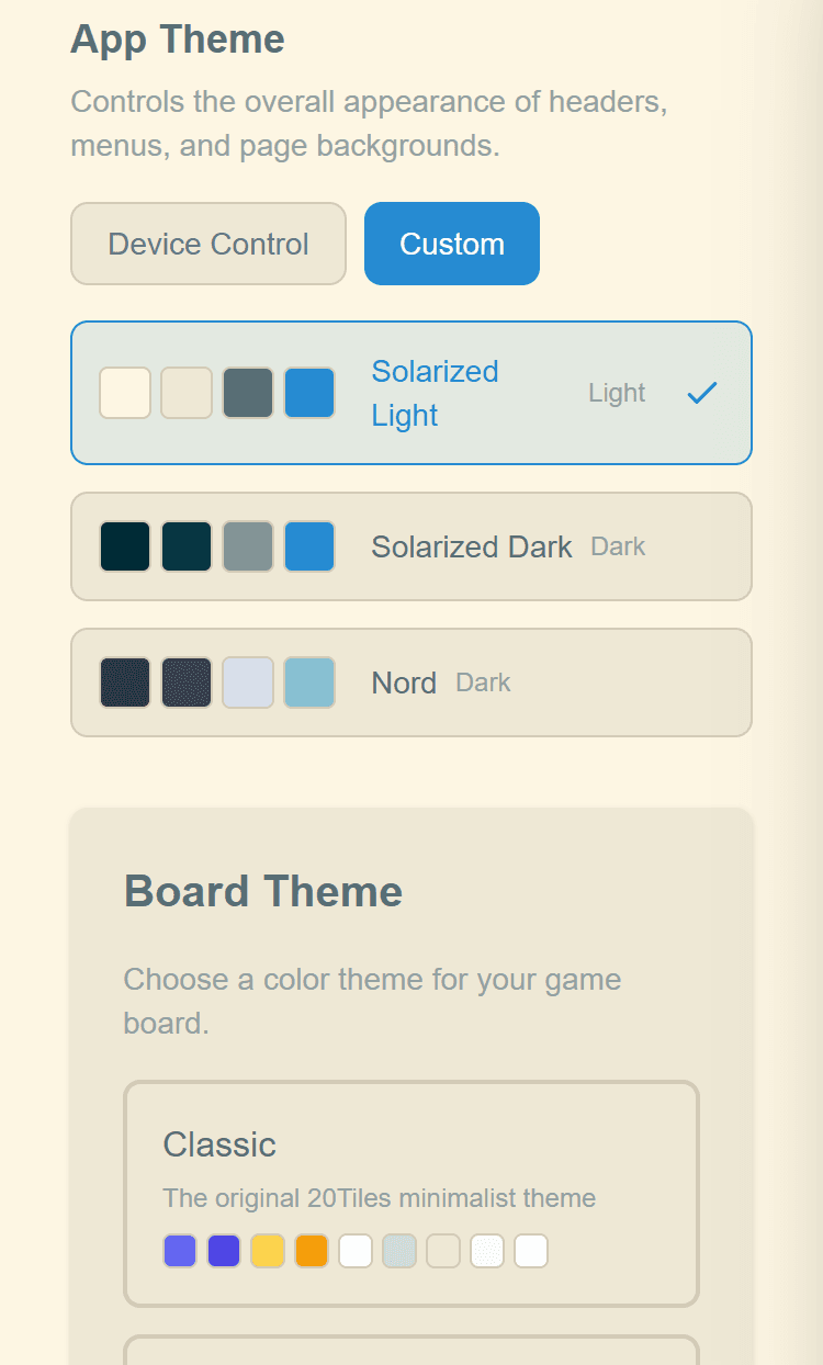 Theme selector showing available themes with color swatches